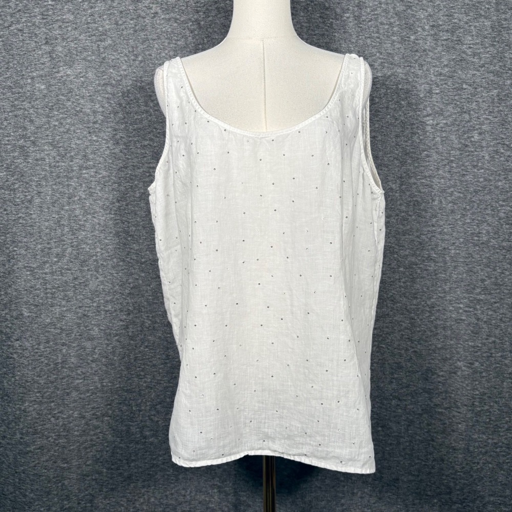 Eileen Fisher 1Irish Linen Sequin Embellished Scoop Neck White Tank Top XL